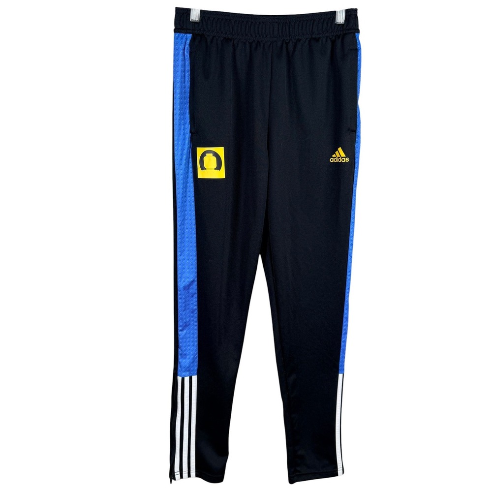 Adidas x LEGO Striped Track Pants Youth L Black Blue Aeroready Zip Ankle Joggers